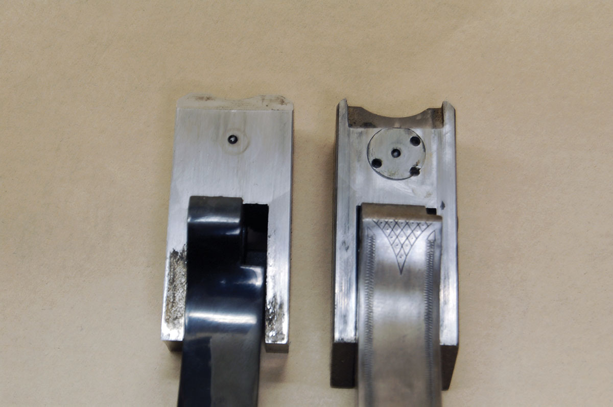 Straight, pinned-in firing pin of Models H&Z (left), Mann-Niedner gas tight bushing of Models K, J, S and L (right).